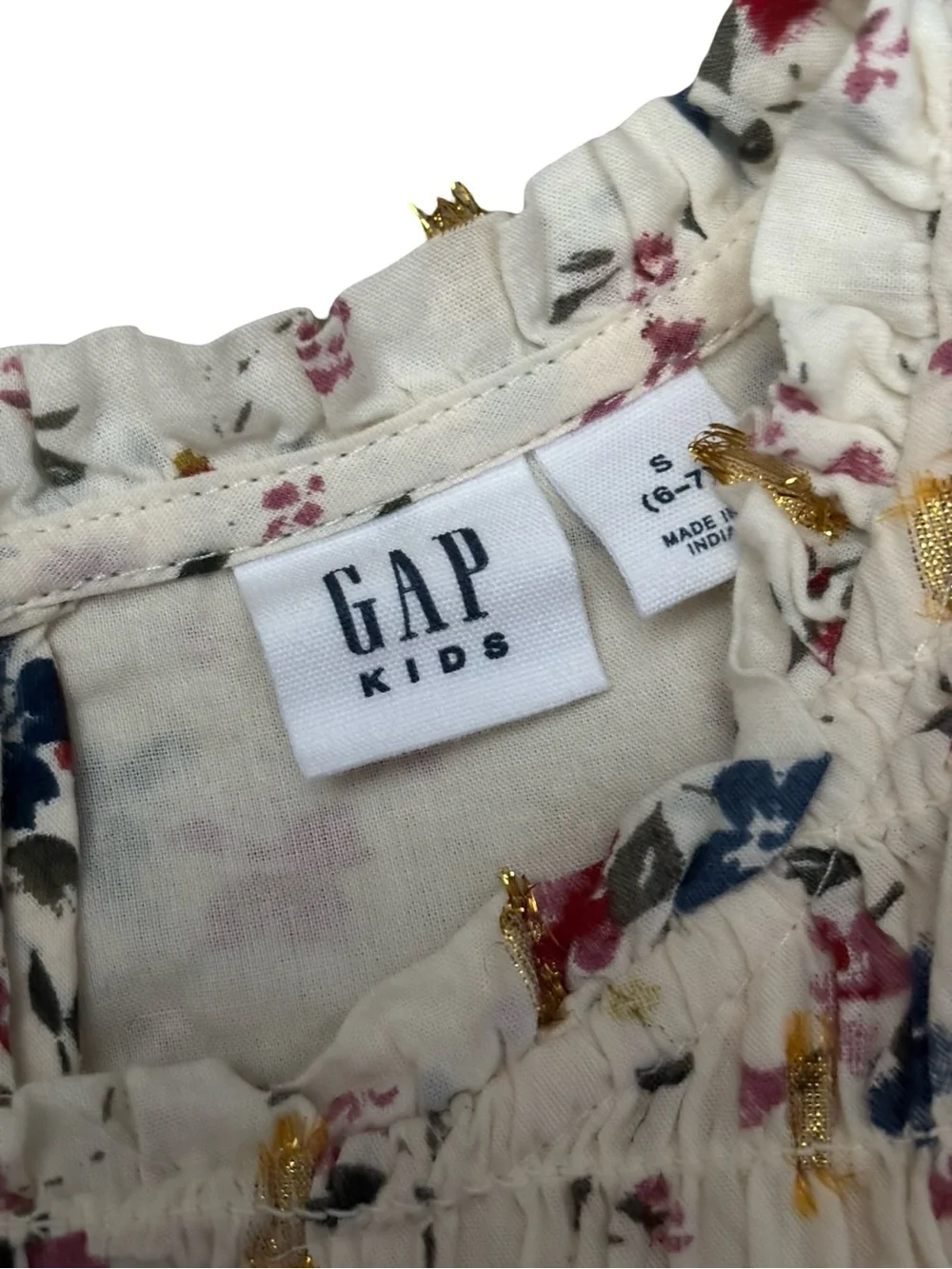 GAP Cream Floral Smocked Long-Sleeve Dress with Gold Accents in Size 6-7